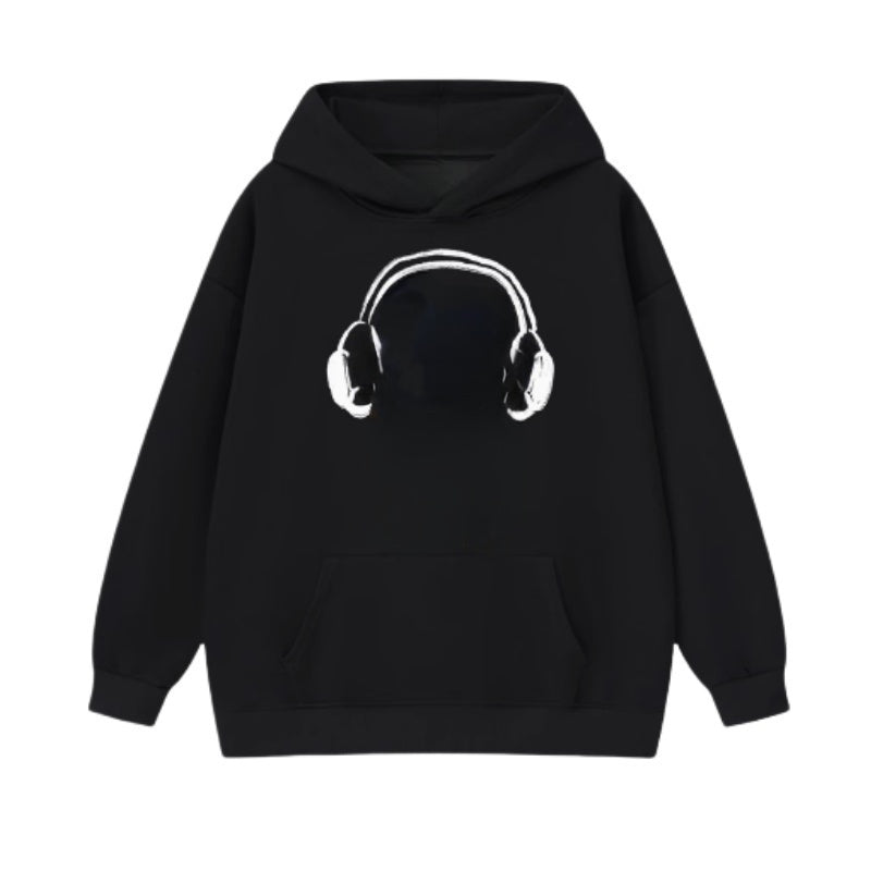 Sleek Black Hoodie with Earphone Illustration