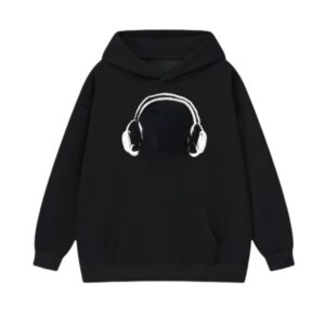 Sleek Black Hoodie with Earphone Illustration